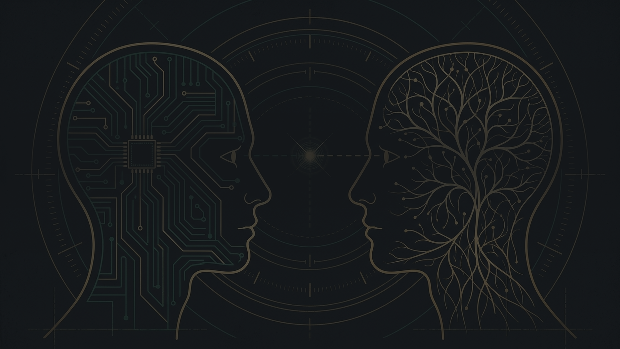 Two facing profiles — one in gold-green circuit traces, one in amber neural branches — with a central light point between them, on a dark field.