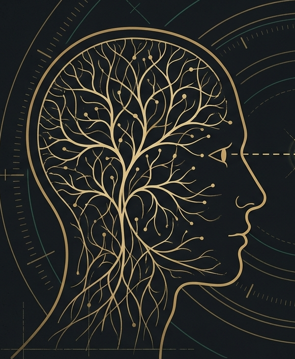 Human profile with an organic-mechanical brain. AI-generated illustration.