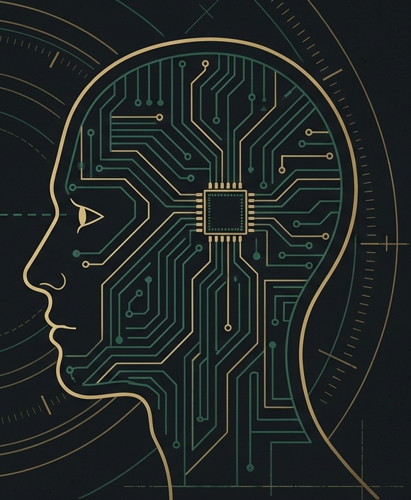 Machine-like profile with circuitry. AI-generated illustration.